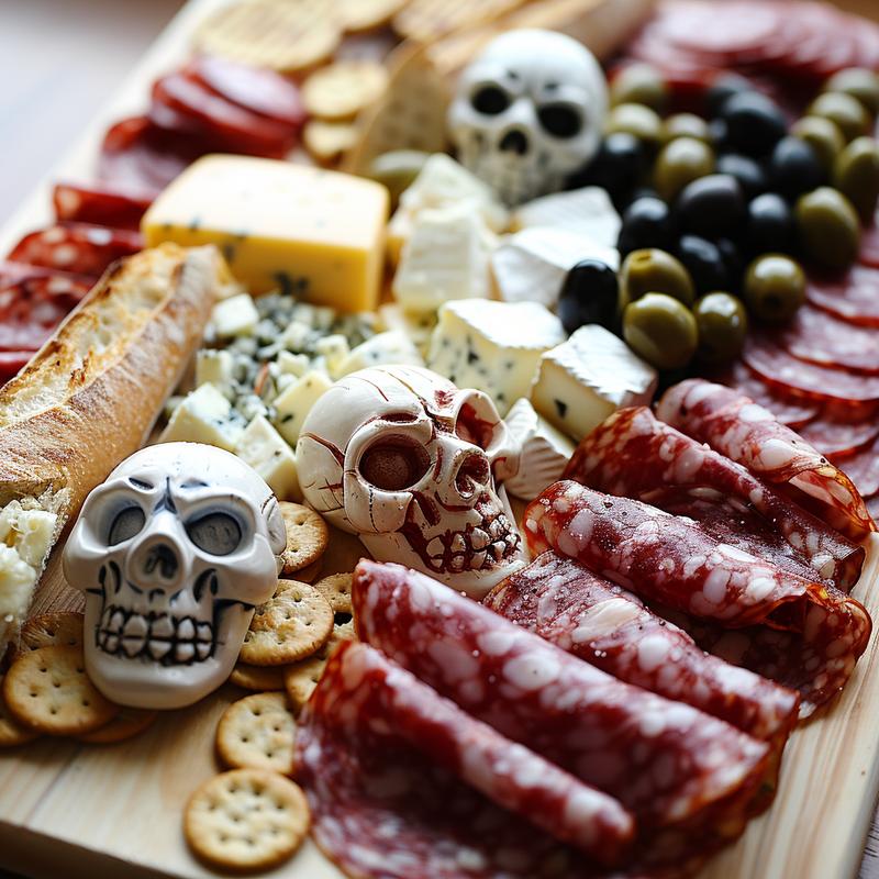 Skull-shaped cheese on antipasto platter with meats, olives, and crackers.