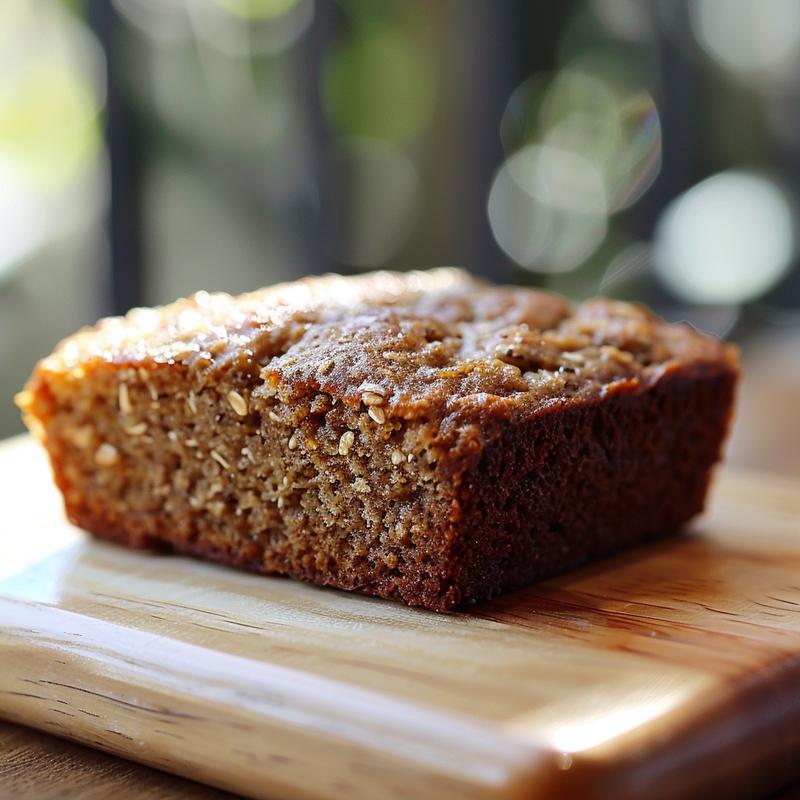 A close-up view of a moist slice of coconut flour banana bread on a white marble surface.