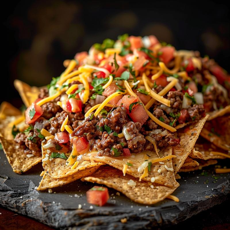 Close-up of loaded beef nachos with visible ingredients on a slate plate.