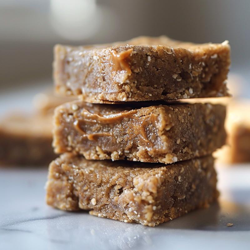 Stack of three vegan cookie dough bars on white marble.