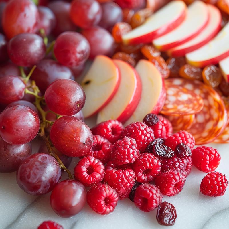 Valentine's Day charcuterie board with red fruits on white marble.