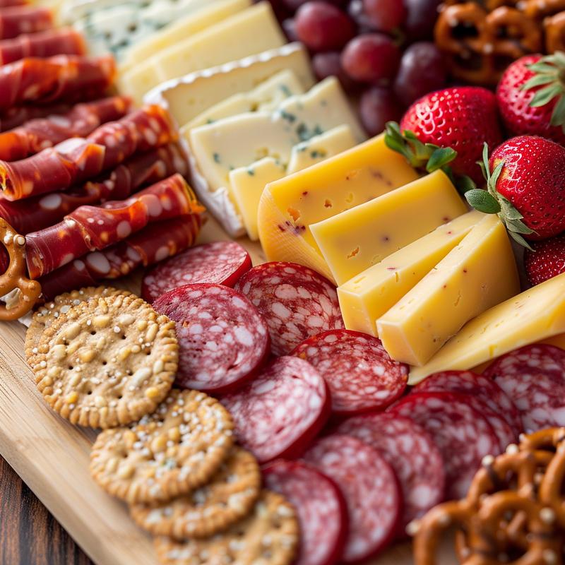 Close-up of a Valentine's Day charcuterie board with cheeses, meats, fruits, and chocolate.