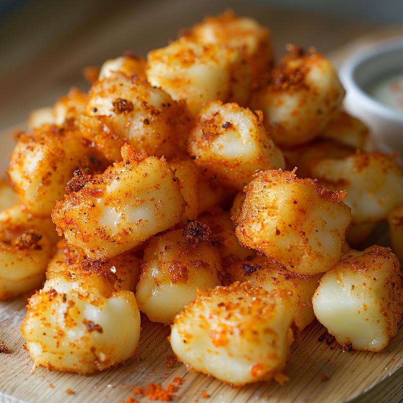 Close-up of golden-brown fried cheese curds on a light wood board.