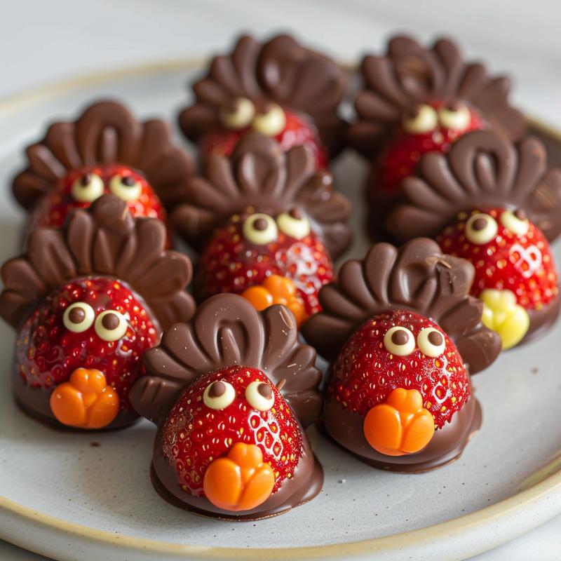 Close-up of chocolate-covered strawberry turkeys with candy eyes and beaks on a grey plate.