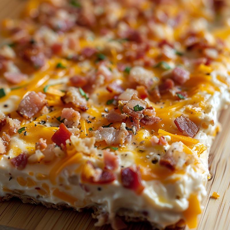 Creamy dip with bacon and cheese on a wooden board.