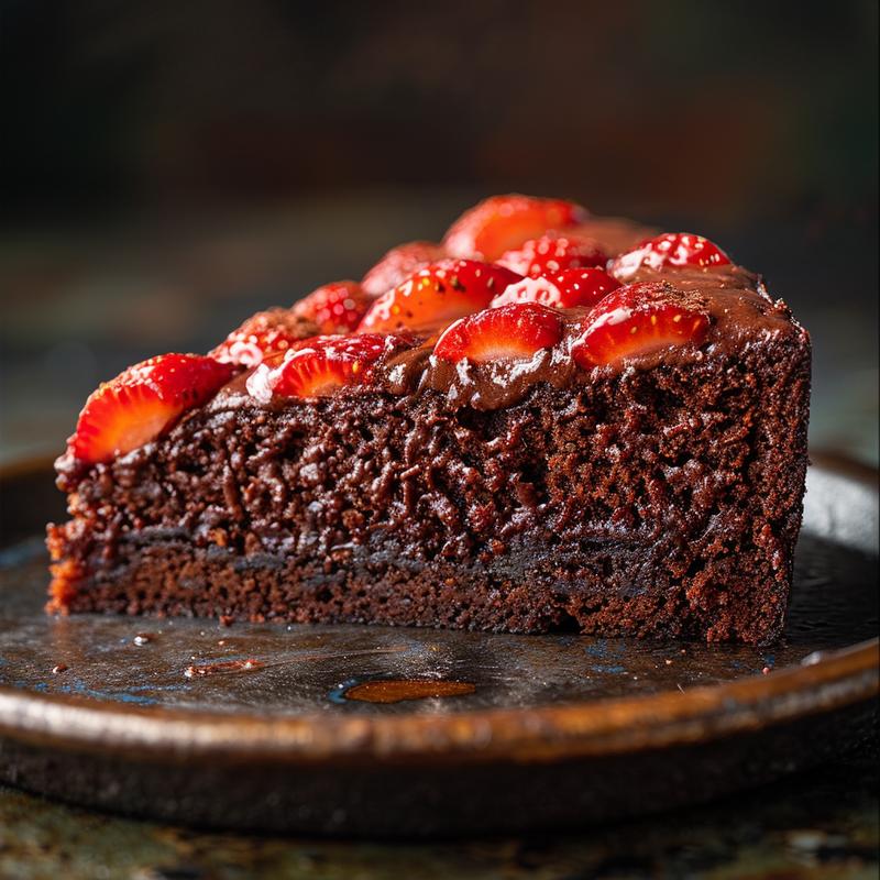 Slice of dark chocolate cake with strawberries on a plate.