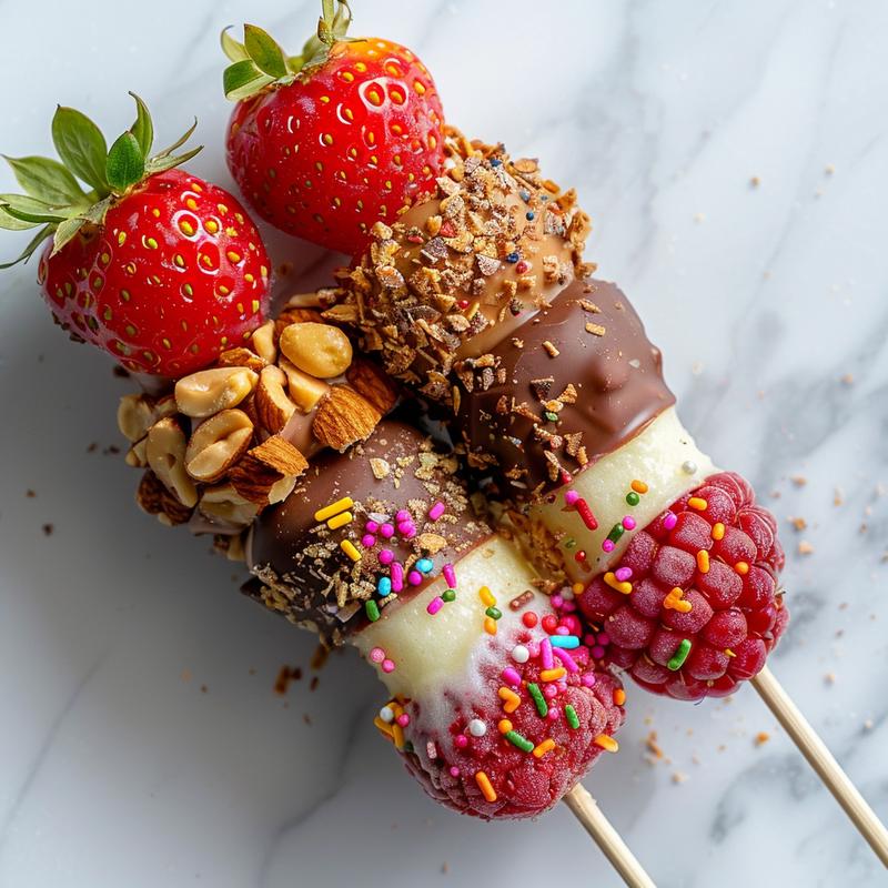 Close-up of chocolate-covered strawberries with various toppings.