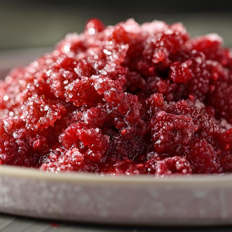 Close-up of bright red raspberry sauce on a light grey plate.