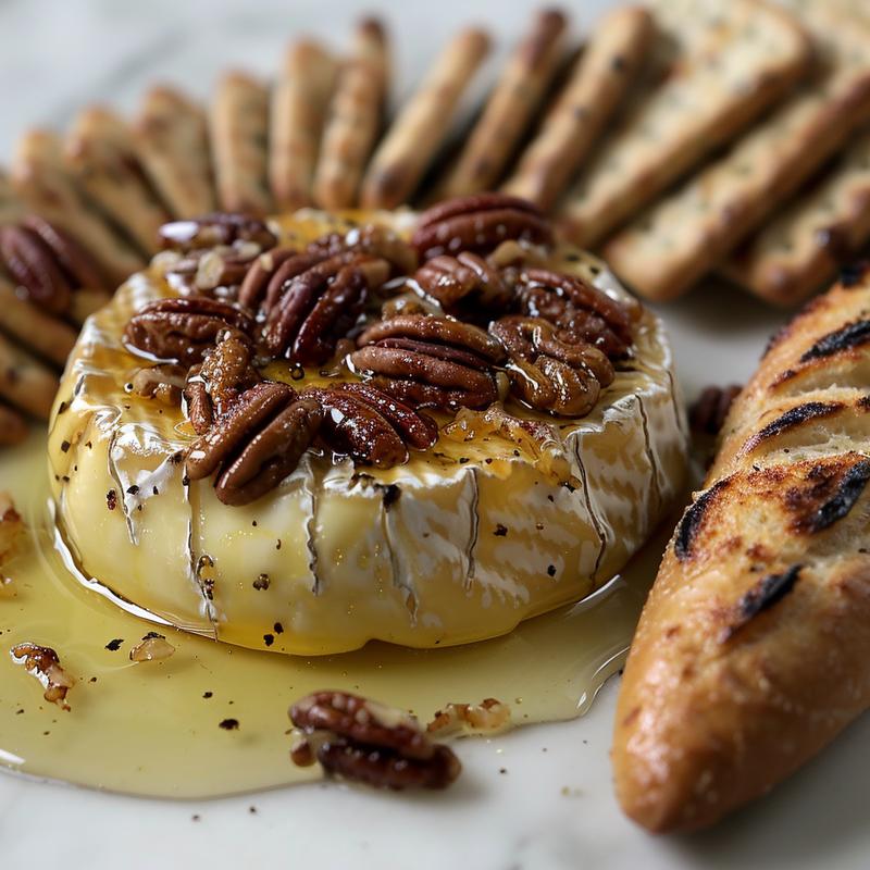 Close-up of air fryer baked brie with honey and nuts on white marble.