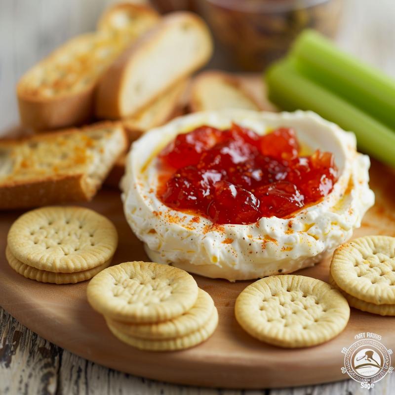 Close-up of pepper jelly cream cheese dip with crackers.