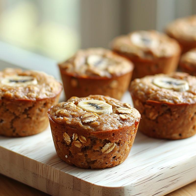 Close-up of moist banana bread muffins on a wooden board, showcasing their texture.