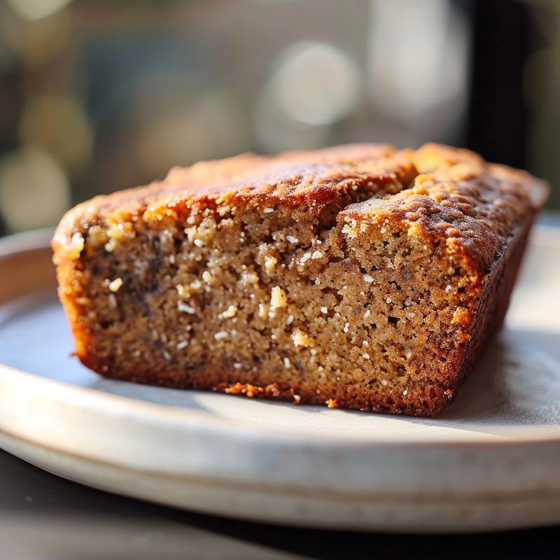 Close-up view of a textured banana muffin without eggs, showcasing its golden-brown crust and fluffy interior on a white marble surface.