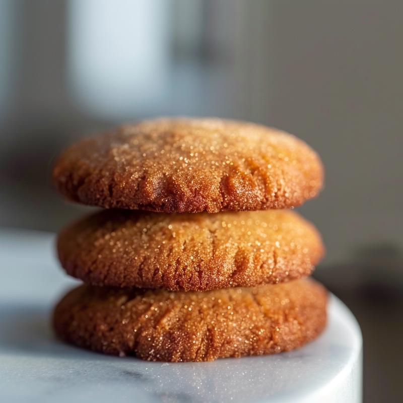 A close-up of three sugar free keto banana cookies stacked on a white marble surface.
