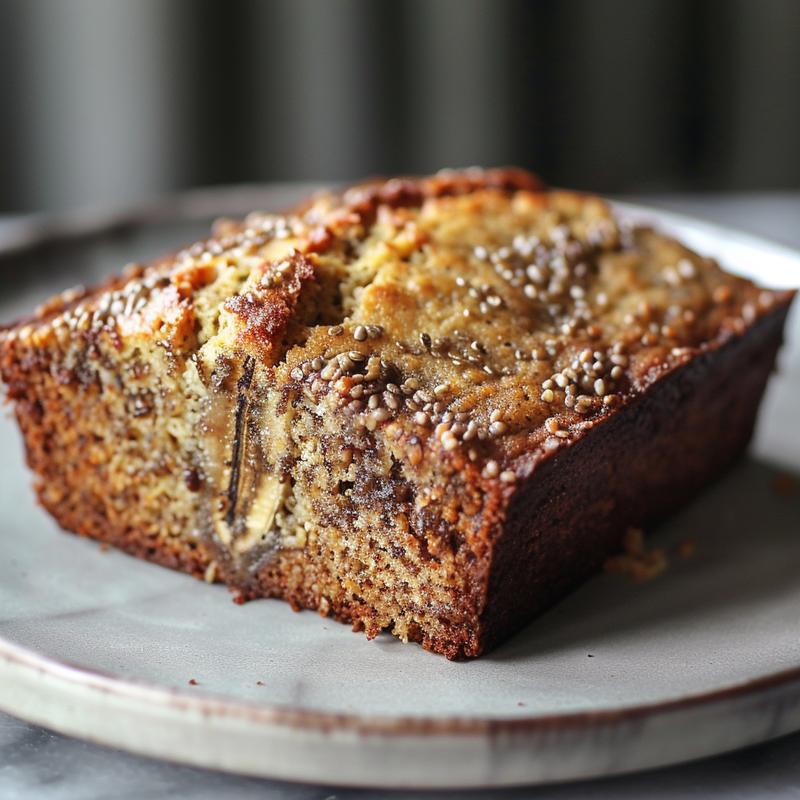 Close-up of a slice of healthy banana bread on a grey ceramic plate, showcasing its texture and ingredients.