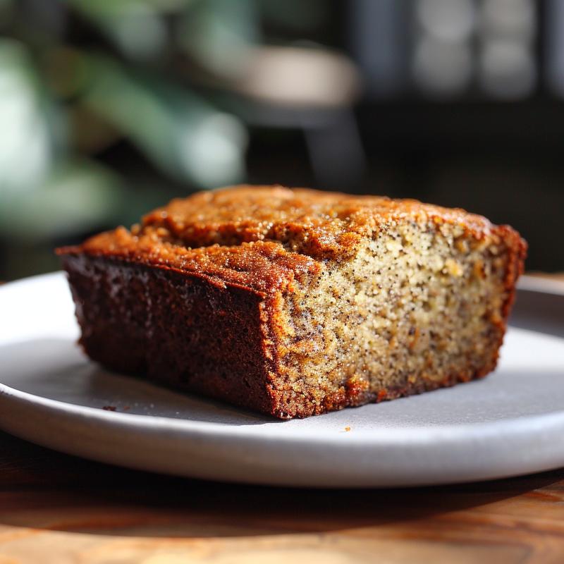 Close-up of a slice of gluten-free banana bread on a white marble surface.