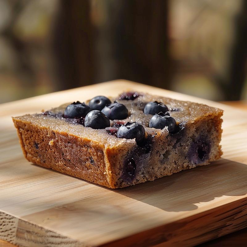 Close-up of a slice of gluten free vegan blueberry banana bread on a natural wood board.