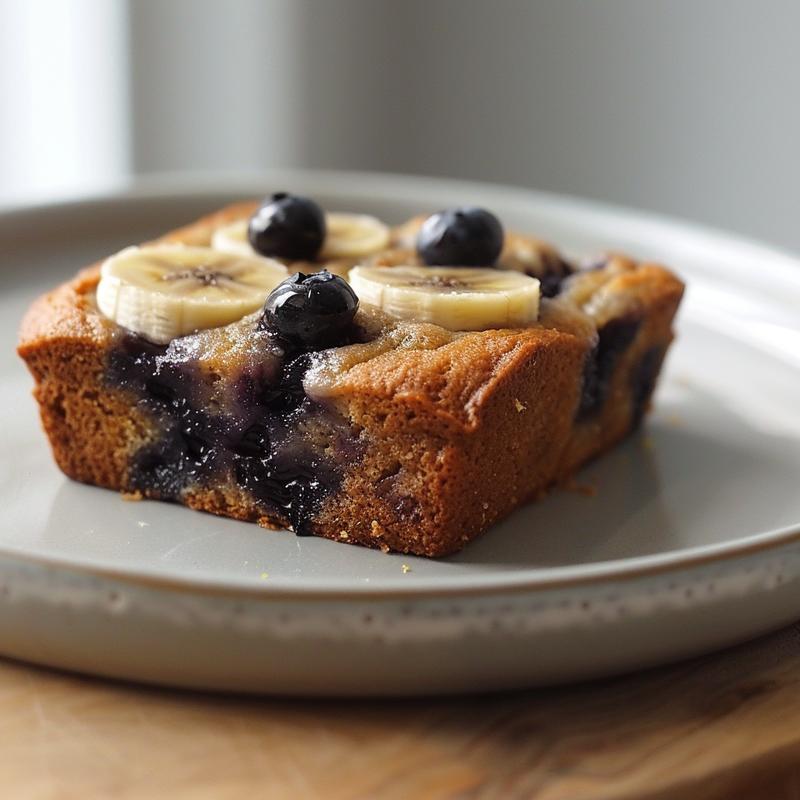 Close-up of gluten-free lemon blueberry banana bread on a light grey plate.