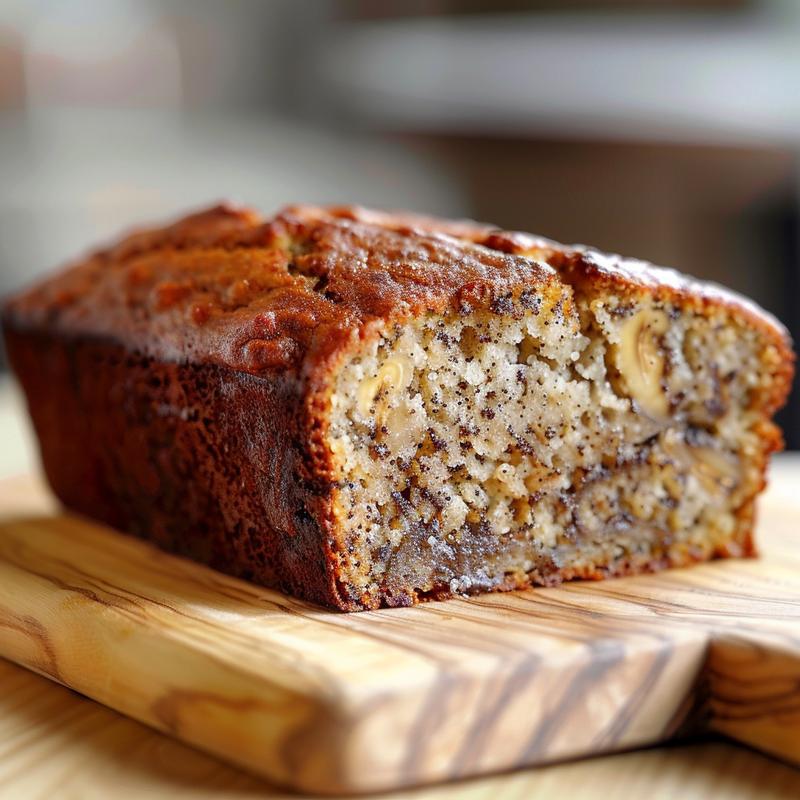 Close-up of a slice of gluten-free banana bread on a wooden board, showcasing its moist texture.