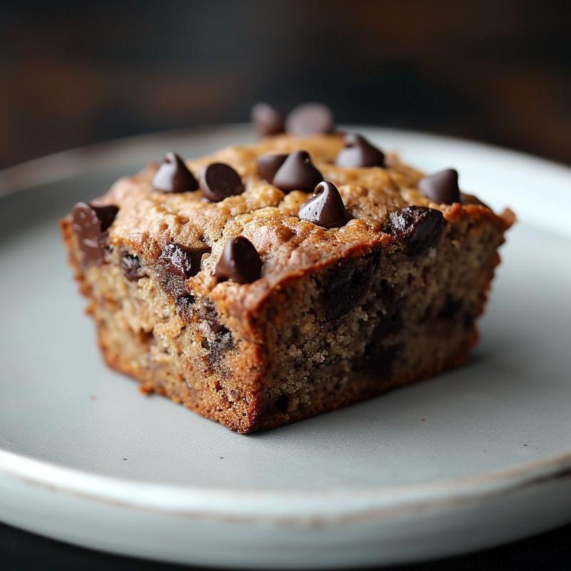 Close-up of a slice of healthier chocolate chip banana bread on a light grey ceramic plate.