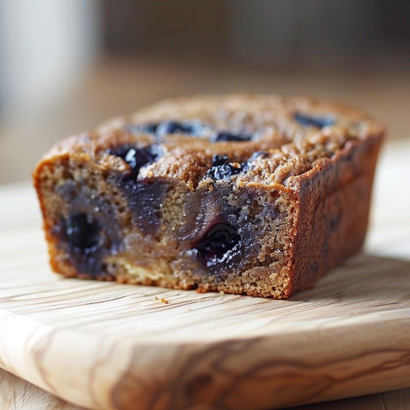 Close-up view of a slice of gluten-free banana blueberry bread on a natural wood board.