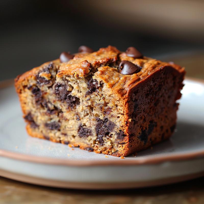 A slice of chocolate chip banana bread on a light grey ceramic plate, showcasing its texture and chocolate chips.
