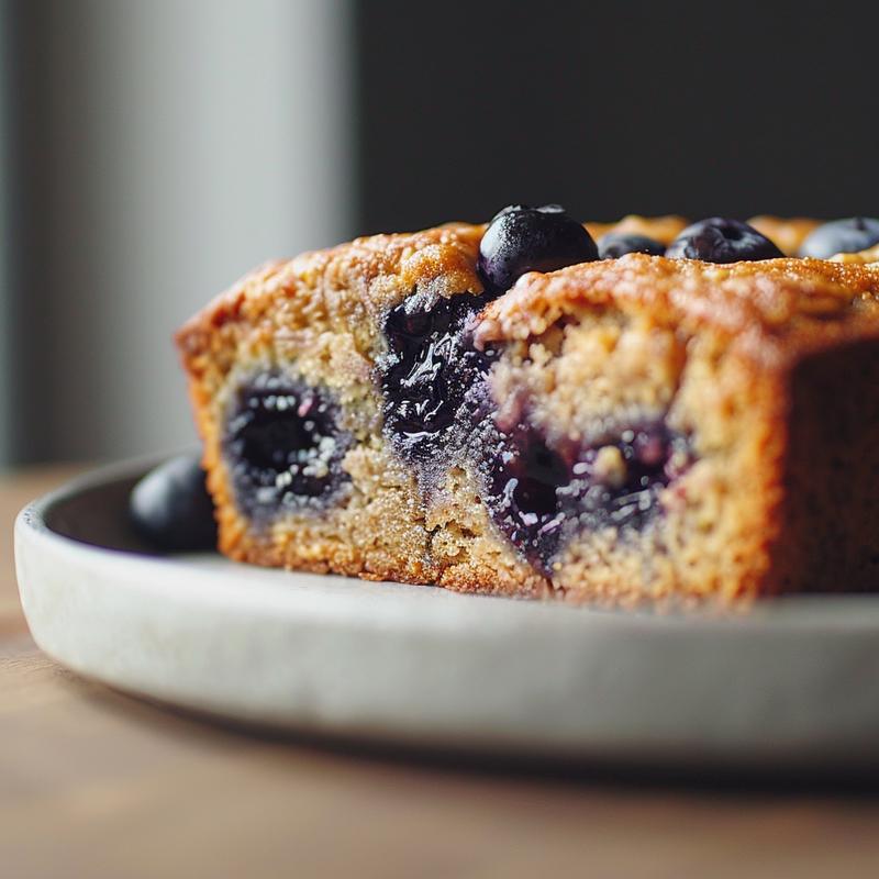 A close-up view of gluten-free blueberry banana bread on a light grey ceramic plate.