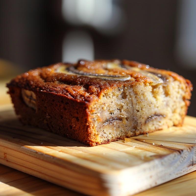 A close-up view of a slice of vegan gluten-free banana bread on a light wood board.