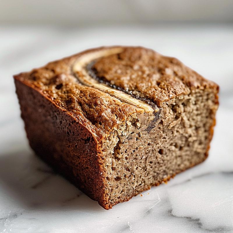 Close-up of a slice of gluten-free banana bread on a white marble surface, showcasing its moist texture.