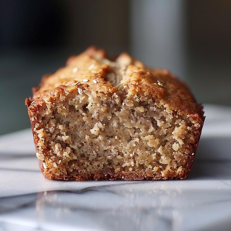 A close-up of a slice of banana bread made with oat flour on a white marble surface.
