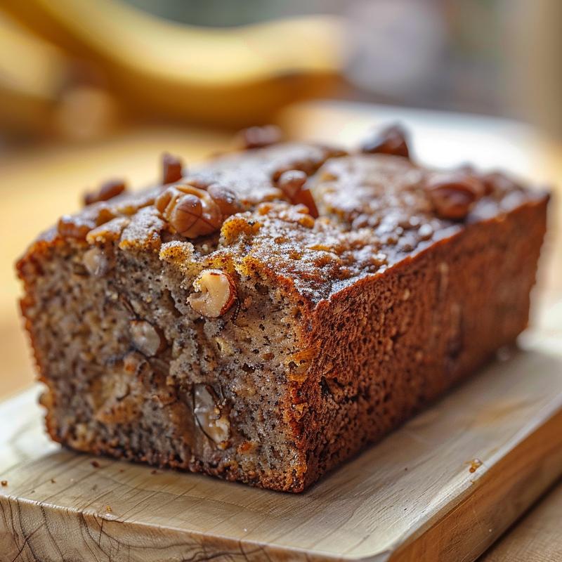 A close-up view of a slice of banana bread on a wooden board, showcasing its moist texture.
