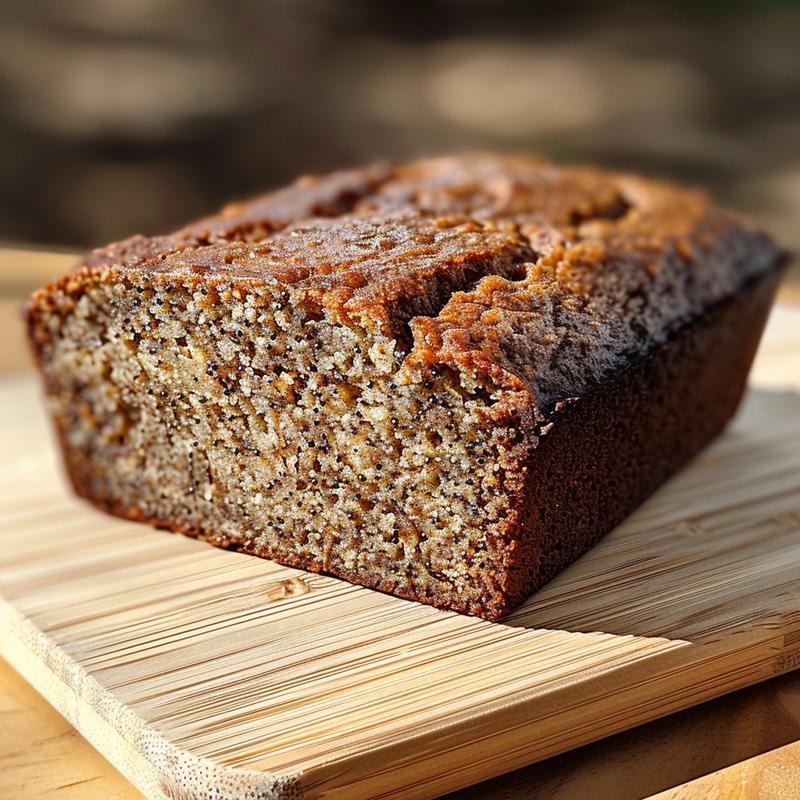 Close-up of a slice of gluten-free banana bread on a wooden board.