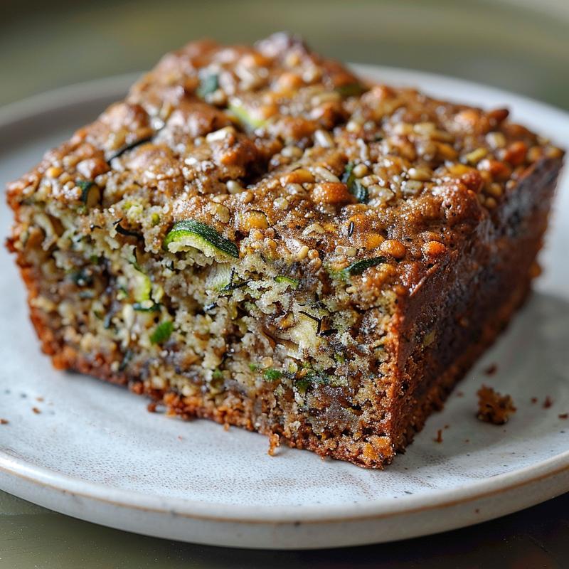 Close-up view of moist gluten-free zucchini banana bread on a light grey plate.