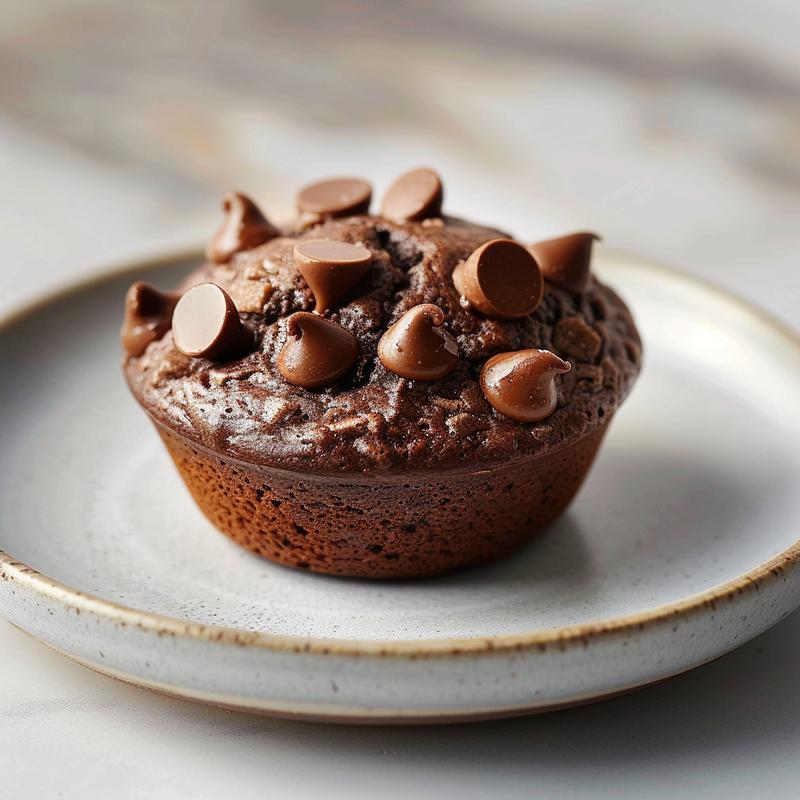 Close-up of double chocolate sourdough muffins on a light grey plate.