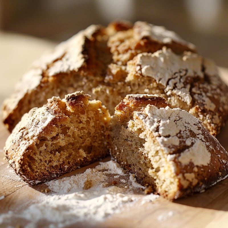 Close-up of Irish soda bread showing flour, baking soda, salt, buttermilk, and butter on a light wooden board.