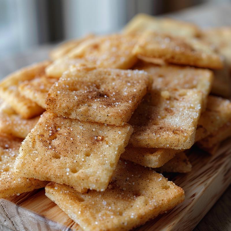 Close-up of cinnamon sugar crisps on a wood board.