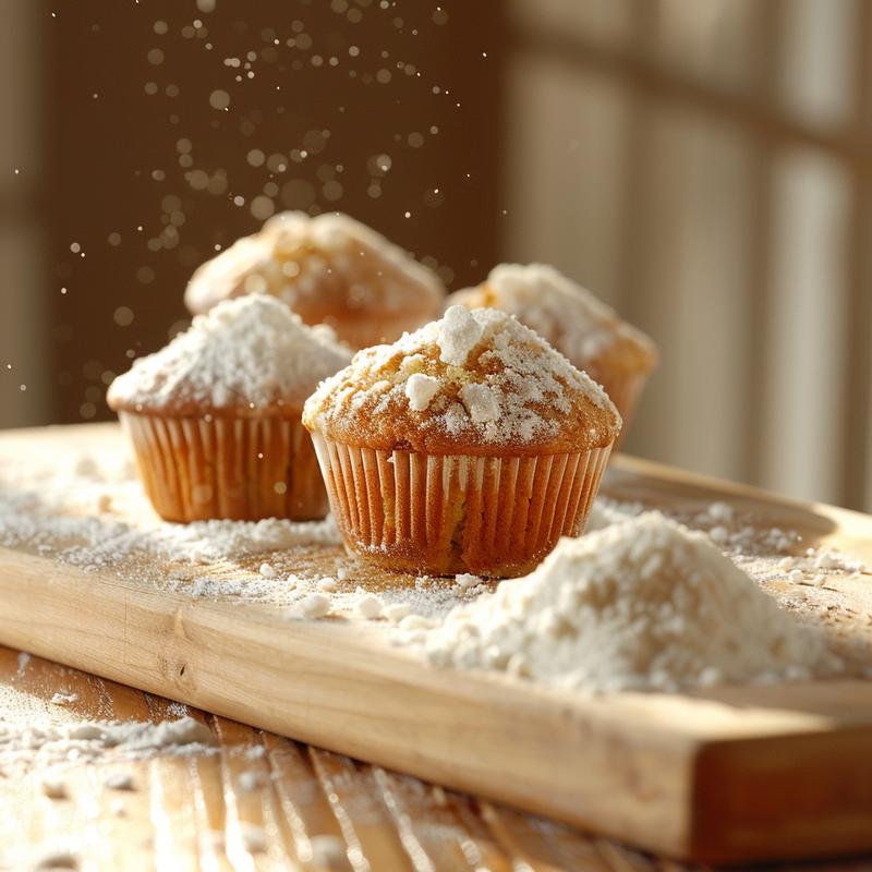 Close-up of Irish soda bread muffins and ingredients on a wooden board.
