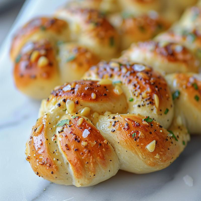 Close-up of golden-brown sourdough garlic knots on white marble.