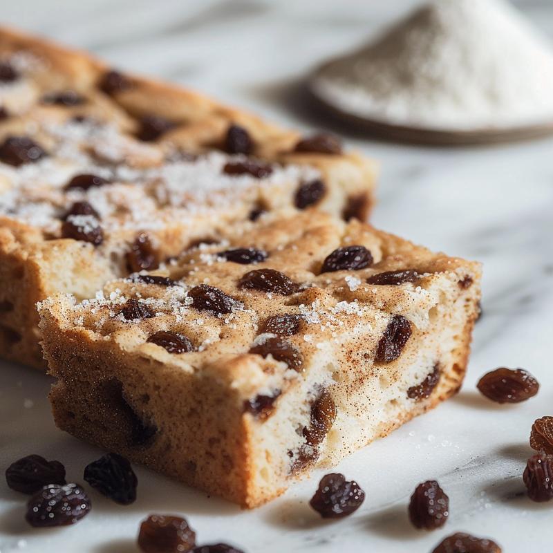 Close-up of cinnamon raisin soda bread showing texture and visible ingredients.