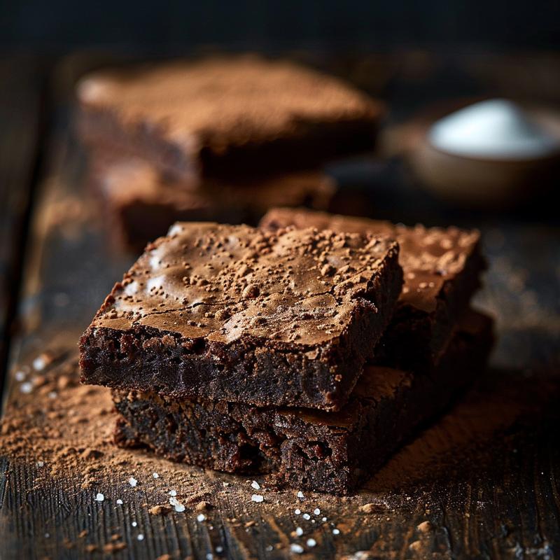 Close-up of a fudgy sourdough brownie on a dark wooden surface.
