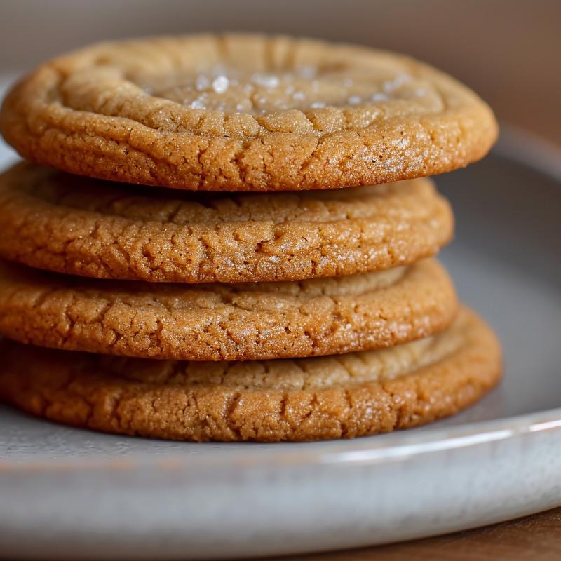 Stack of three light brown cookies on a grey plate.