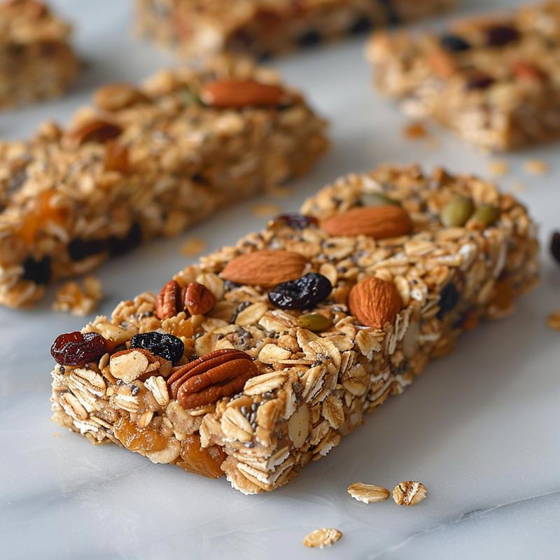Close-up of homemade sourdough discard granola bars with visible ingredients.