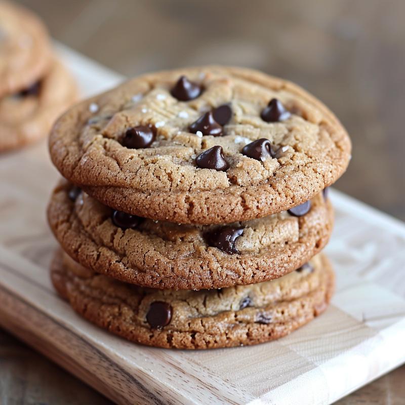 Stack of three chocolate chip cookies on light wood.