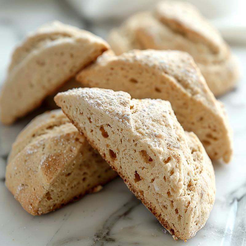 Close-up of crumbly Irish soda bread scones on white marble.