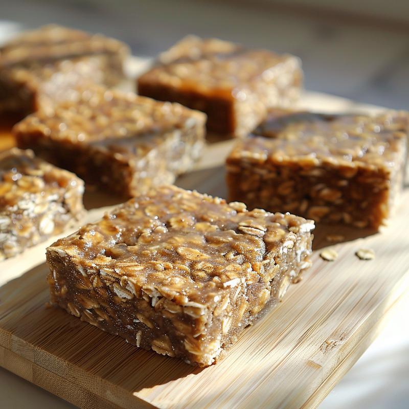 Close up of sourdough breakfast bars on a wooden board.