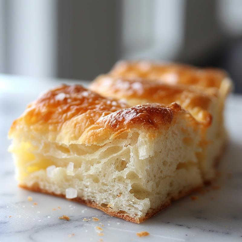 Close-up of soft, golden sourdough discard dinner rolls on white marble.