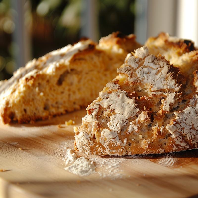 Close-up of Irish soda bread showing flour, baking soda, salt, buttermilk, and butter on a light wooden board.