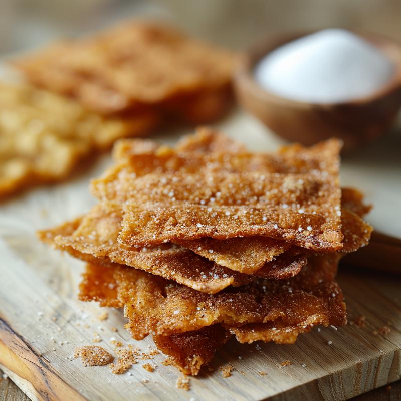 Close-up of cinnamon sugar crisps on a wood board.