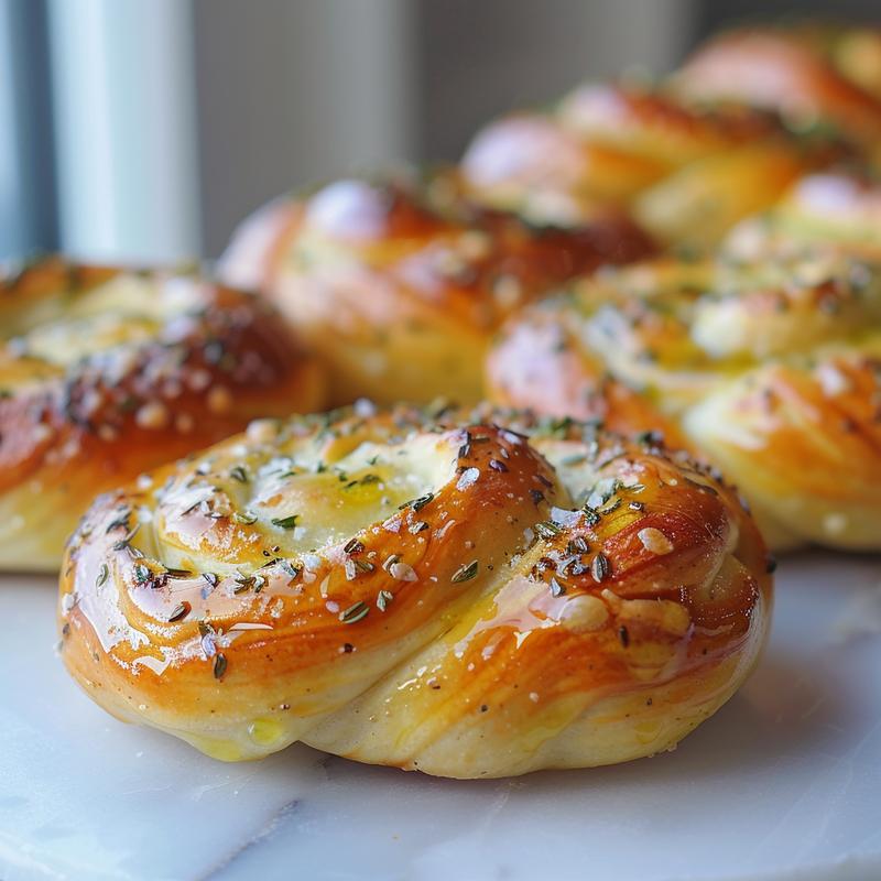 Close-up of golden-brown sourdough garlic knots on white marble.