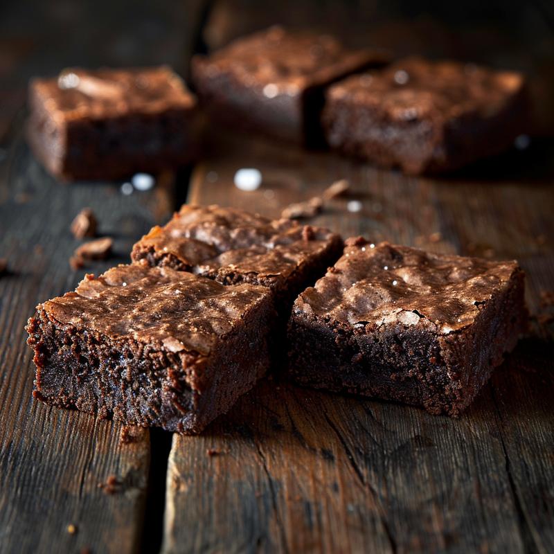 Close-up of a fudgy sourdough brownie on a dark wooden surface.