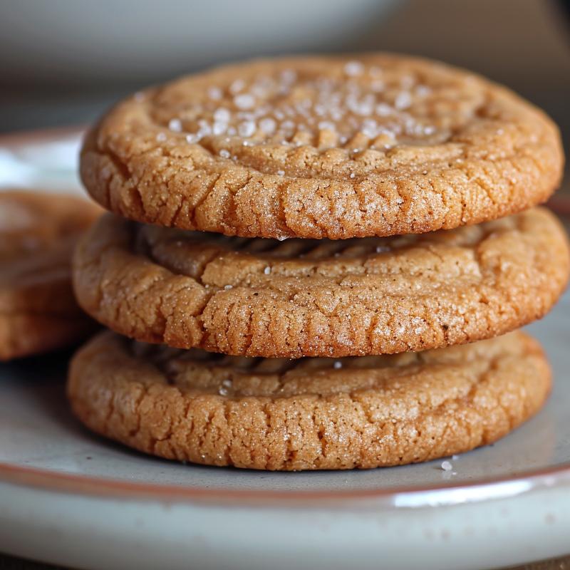 Stack of three light brown cookies on a grey plate.